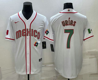 Mens Mexico Baseball #7 Julio Urias 2023 White Blue World Baseball Classic Stitched Jersey